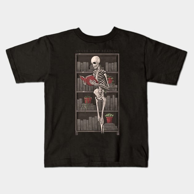 Never Stop Reading - Death Skull Book Gift Kids T-Shirt by eduely